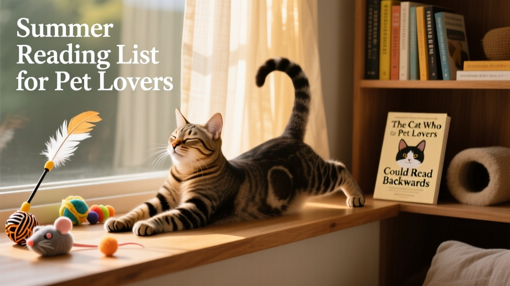 A relaxed cat stretching beside a window perch with interactive toys nearby