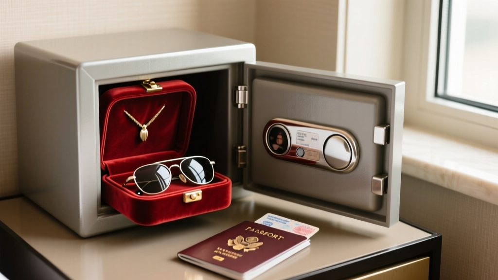Close-up of a discreet velvet-lined decoy jewelry case sitting inside a modern hotel room safe next to a passport and sunglasses.