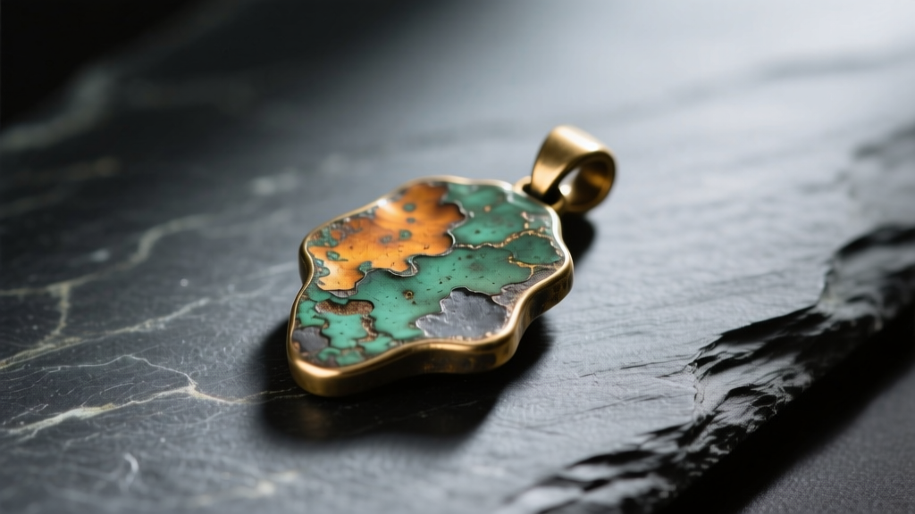Macro photo of a raw brass pendant showing natural oxidation and rich patina gradients resting on dark slate, side-lit