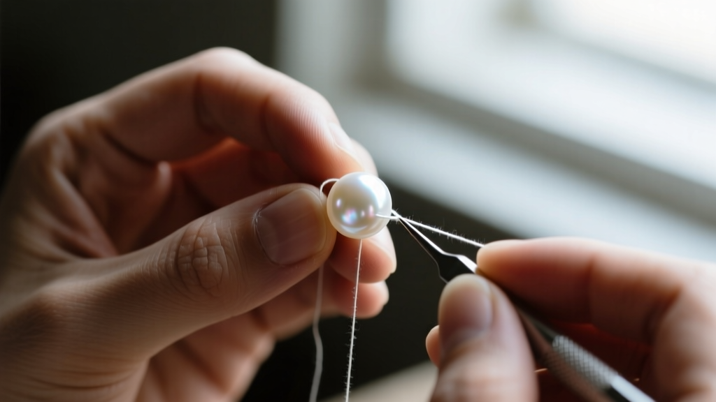 Jeweler hands using specialized knotting tool with size FF silk thread to restring a flat, lustrous white freshwater coin pearl