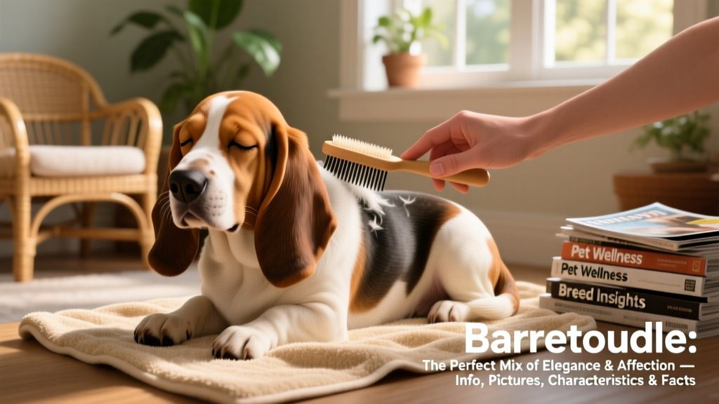A Bassetoodle receiving a gentle grooming session — brush in hand, relaxed expression, clean ears visible