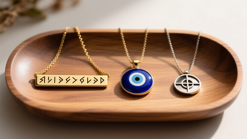 Wooden tray displaying three restored necklaces: a solid gold Morse code bar, a blue evil eye enamel piece, and a coordinate disc.