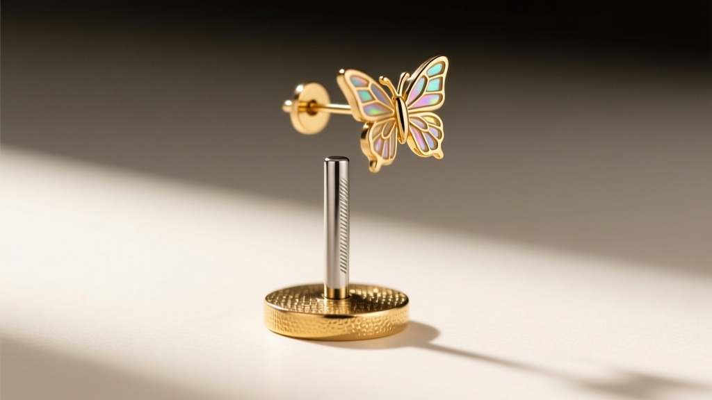 Macro shot of a fashion earring post and butterfly clutch, highlighting the steel post and gold-plated brass base metal texture