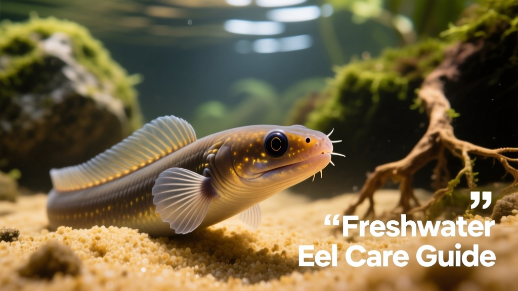 Close-up of a spiny eel partially buried in sandy substrate, revealing expressive eyes and delicate fin rays