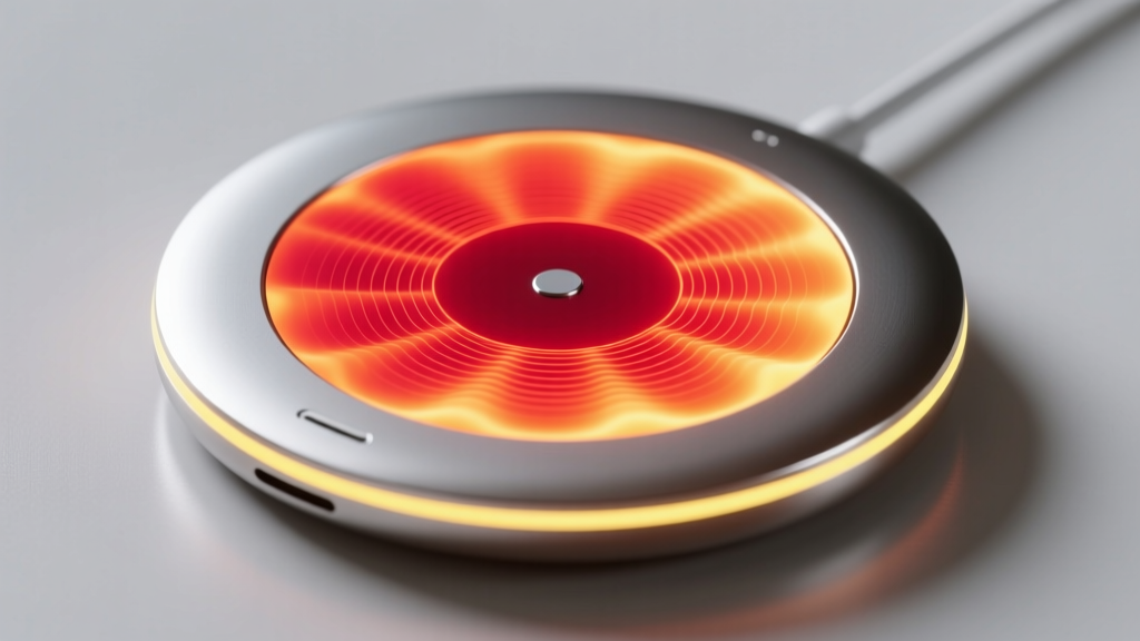 Infrared thermal camera image of a magnetic smartwatch charging puck showing heat dissipation patterns glowing red at the center contact point