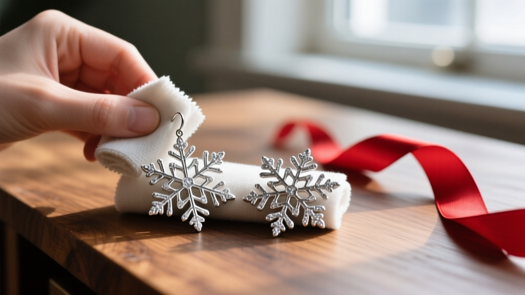 Tarnished silver snowflake studs being polished with a soft microfiber cloth on a wooden desk next to a bright red holiday ribbon