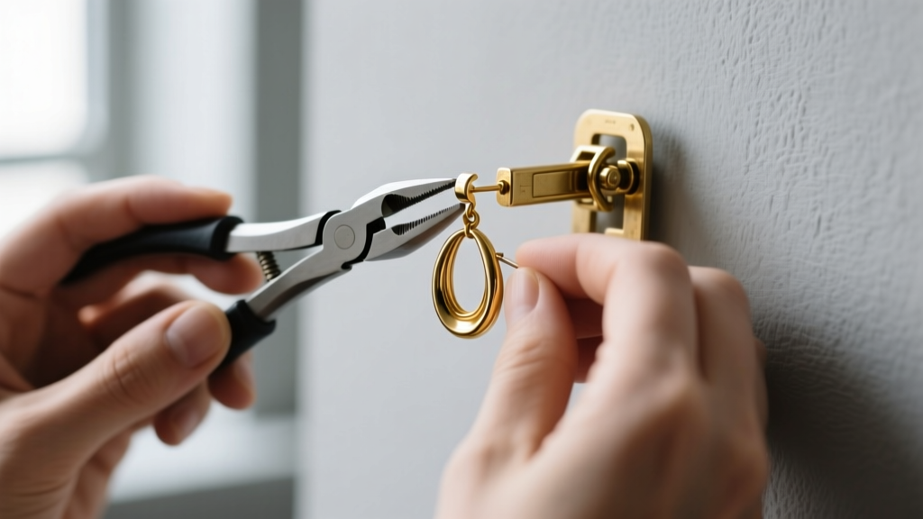 Jeweler using nylon jaw pliers to gently adjust the tension of a hinged 1950s vintage vogue gold-tone clip-on earring mechanism