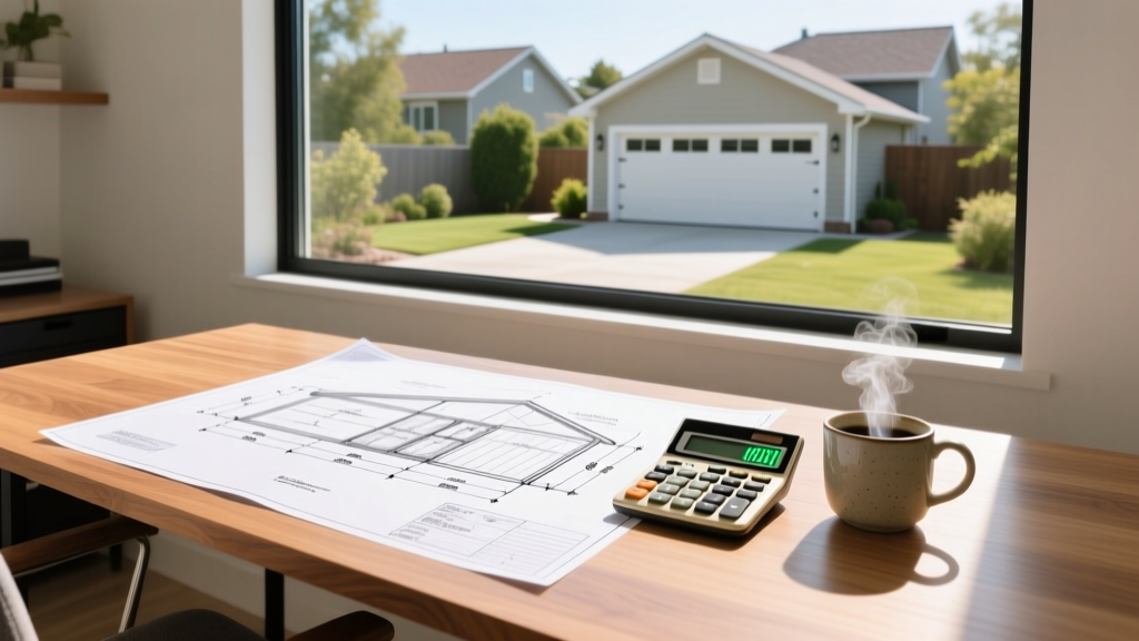 Blueprints for a two-car detached garage on a wooden desk next to a financial calculator and coffee cup in a bright home office.
