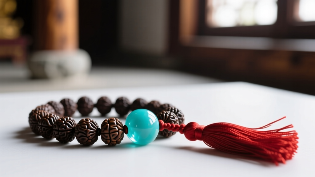 Macro shot of a Buddhist mala necklace with dark Rudraksha seeds, a turquoise guru bead, and a red silk tassel.