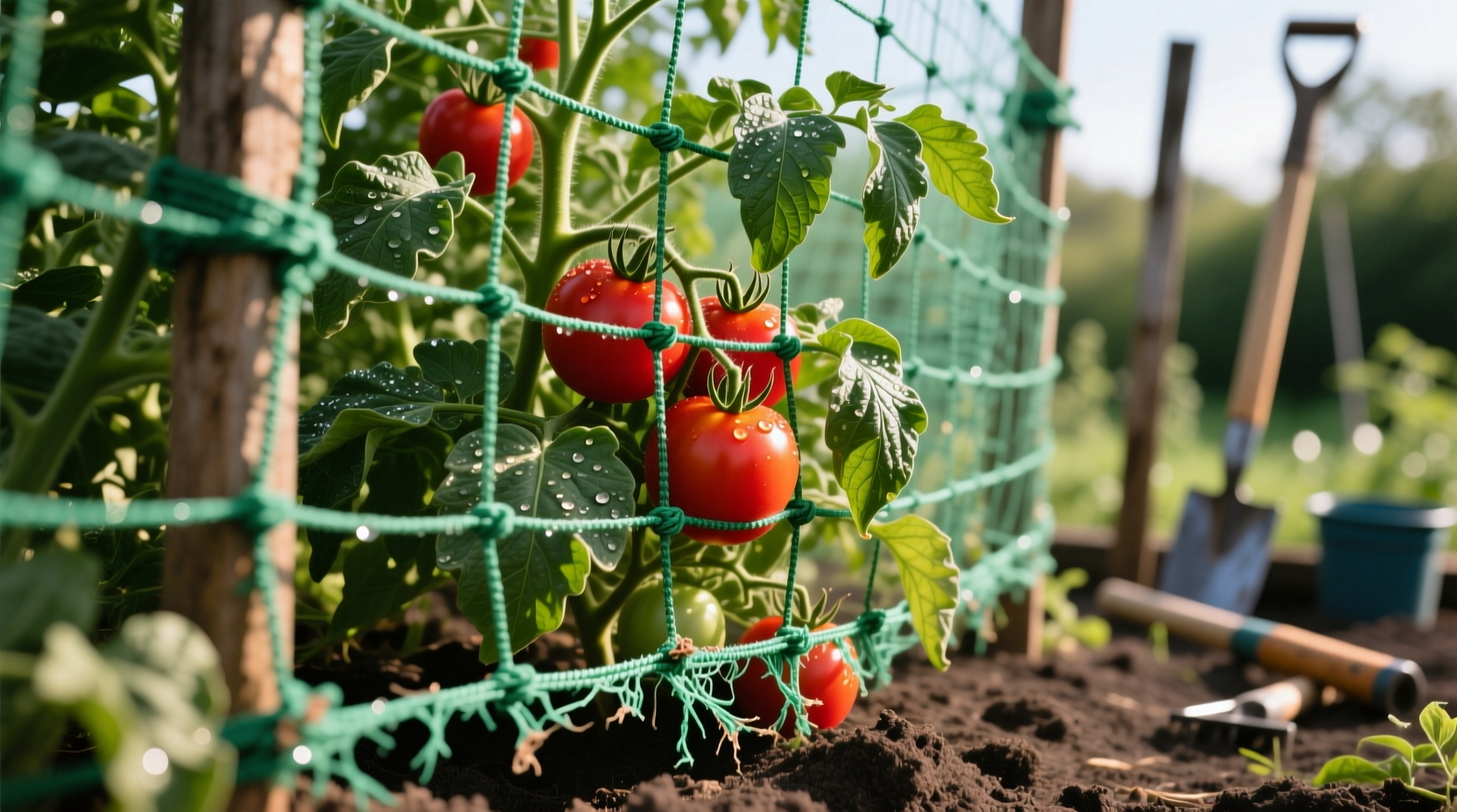 Tomato plants growing through supportive netting system