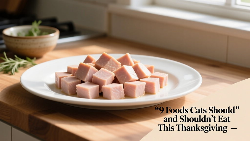 Plain, cooked, boneless turkey breast sliced into small pieces on a white plate