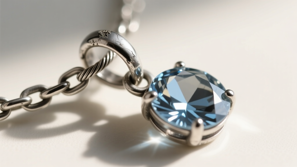 Macro shot of a tarnished sterling silver necklace jump ring connecting a delicate cable chain to a polished gemstone pendant bail.