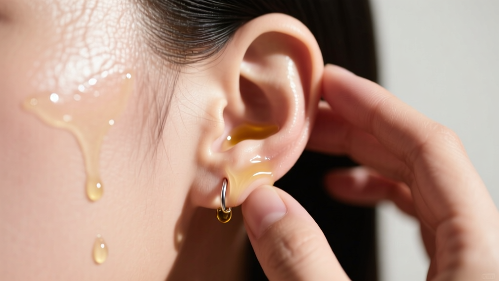 Hands massaging a stretched 2 gauge earlobe with jojoba oil, focusing on tissue edges to promote elasticity and prevent blowouts.