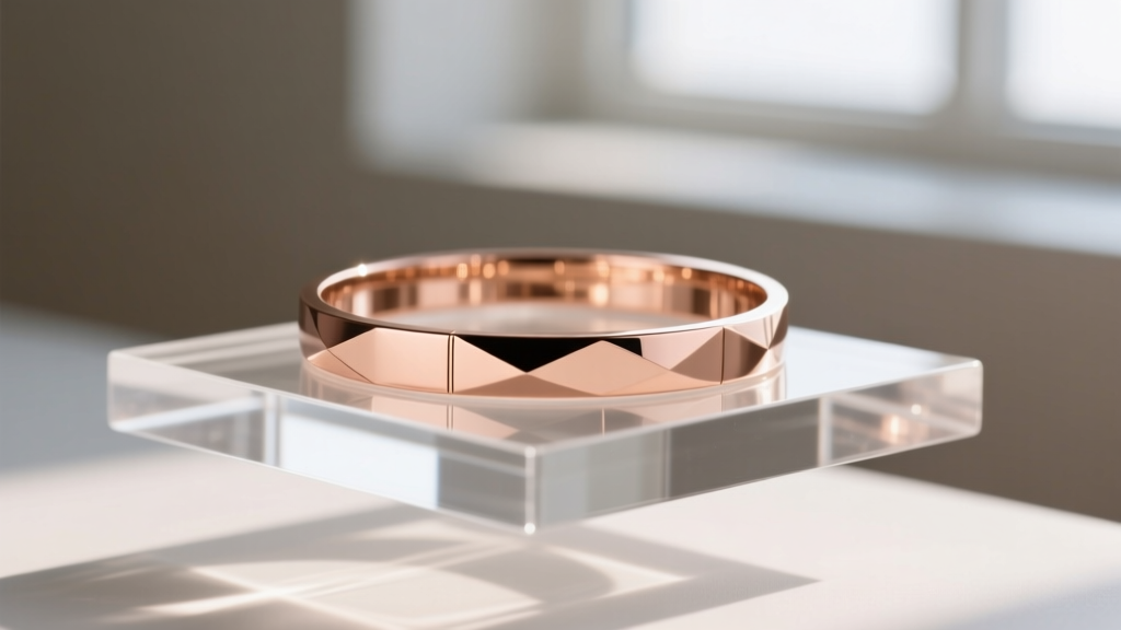 Close-up of a rose gold bracelet resting on a clear acrylic jewelry stand, showing smooth edge polish and soft studio reflection