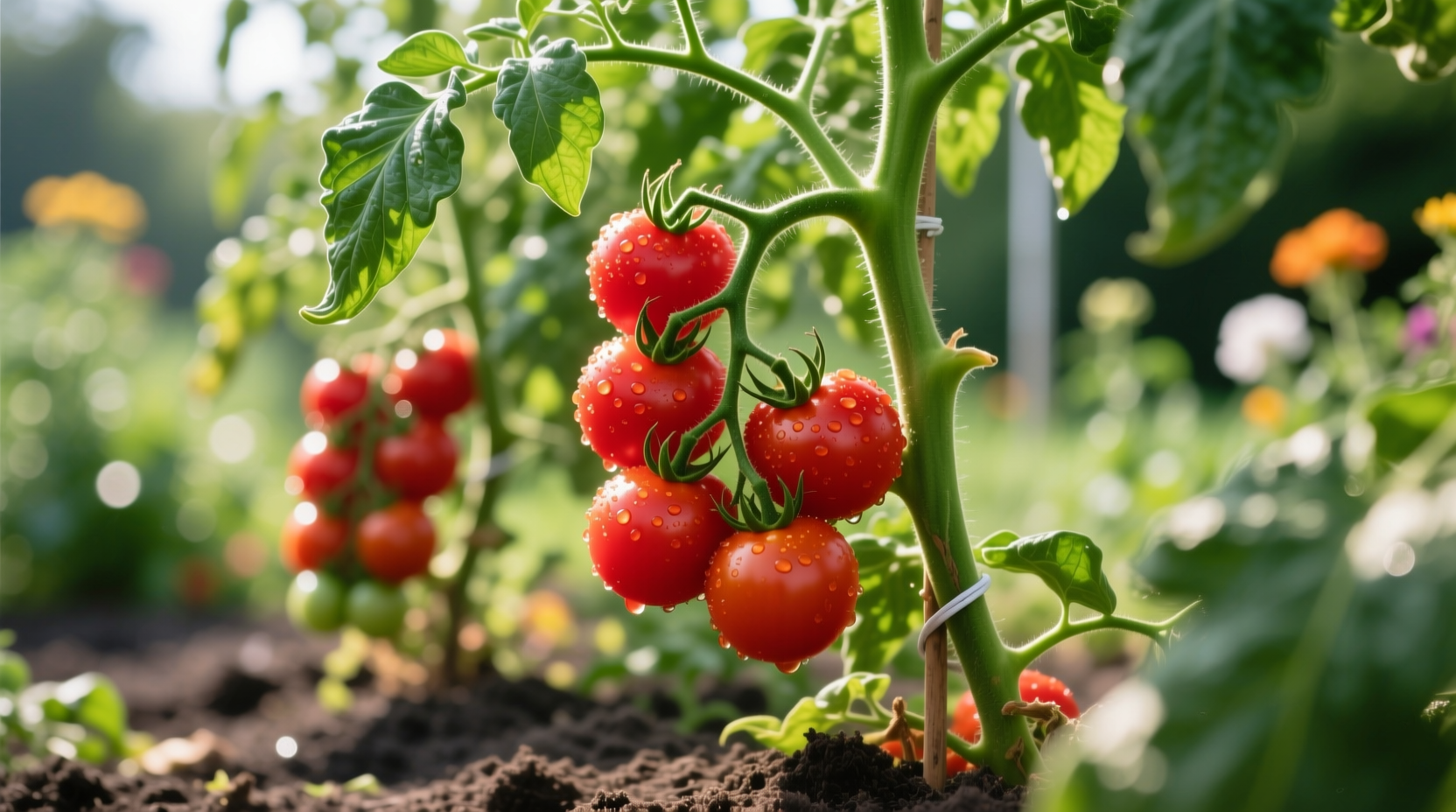 Healthy tomato plant with red fruits on vine