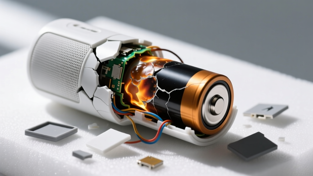 Swollen lithium-ion battery pushing against the plastic casing of a disassembled Bluetooth speaker, showing thermal degradation