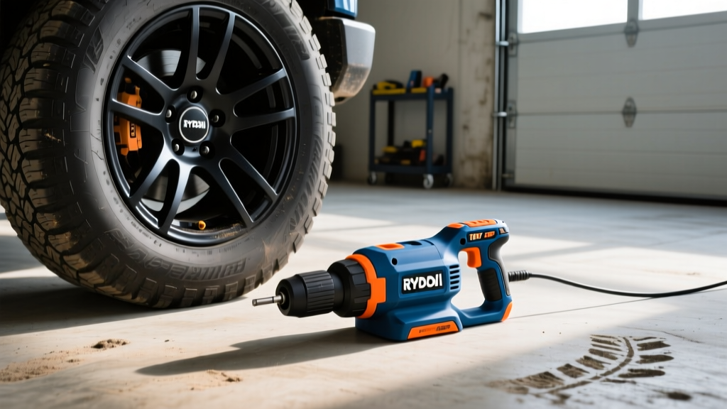 A Ryobi 18V HP brushless tire inflator resting on a concrete garage floor next to the alloy wheel of a parked off-road truck.