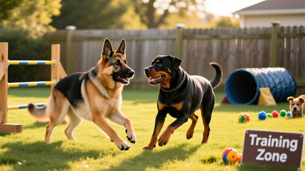 A German Shepherd and a Rottweiler playing side-by-side in a fenced backyard with agility equipment