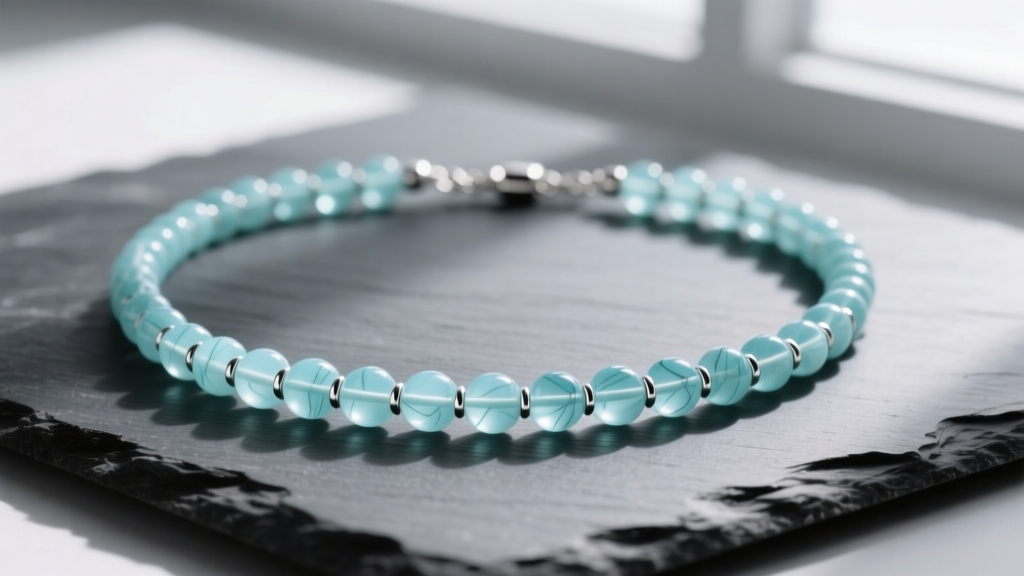 Flat lay of a strung aquamarine bead necklace on dark slate, showing translucent pale blue 8mm beads and silver crimp tubes.