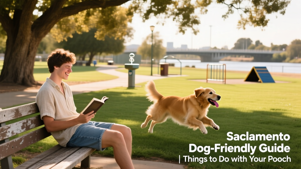 A person relaxing on a bench in a shaded dog park while their dog plays nearby