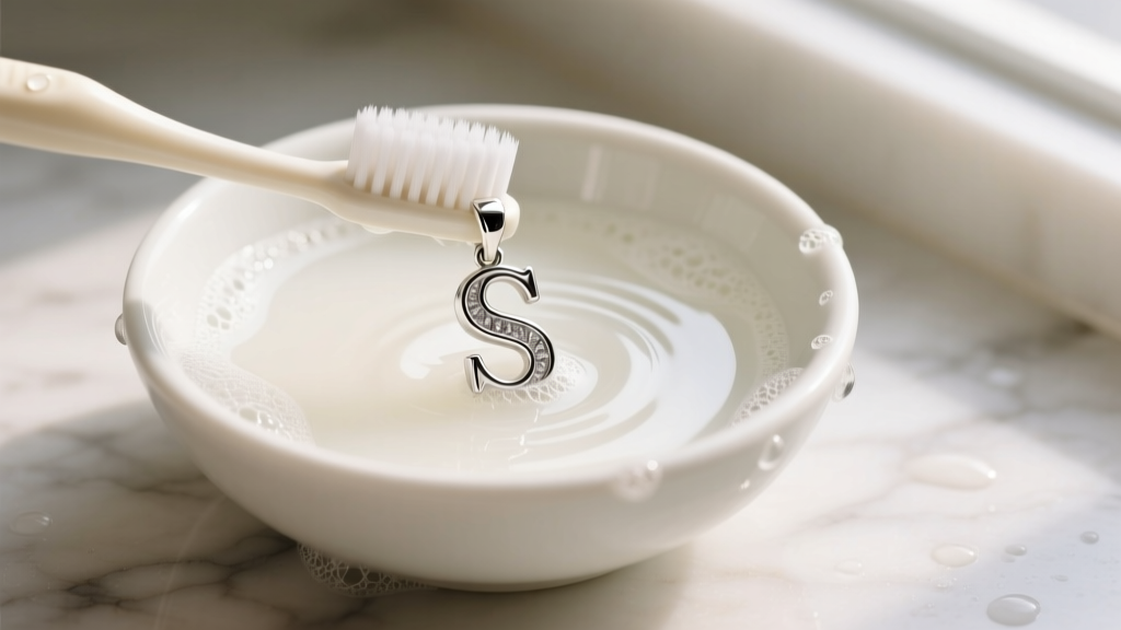 Soft toothbrush gently scrubbing a sterling silver initial S pendant submerged in a small white ceramic bowl of mild soapy water
