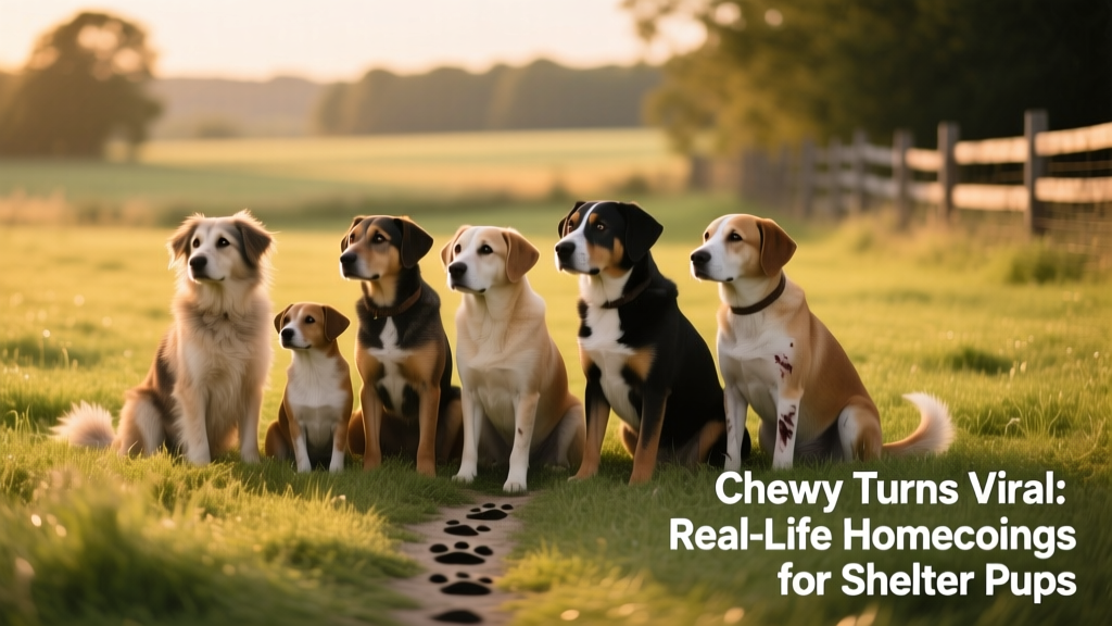 Seven shelter dogs sitting together on grass, looking hopeful and calm