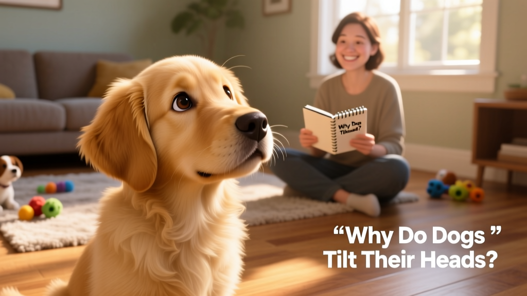 A golden retriever puppy tilting its head while looking intently at its owner