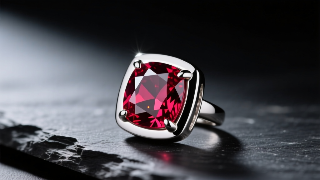 Macro shot of a 3-carat unheated ruby pendant in a platinum bezel on dark slate, illuminated by sharp directional lighting.