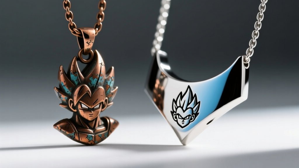 Macro photography comparing a tarnished zinc alloy anime pendant with a polished 316L stainless steel Saiyan armor necklace.