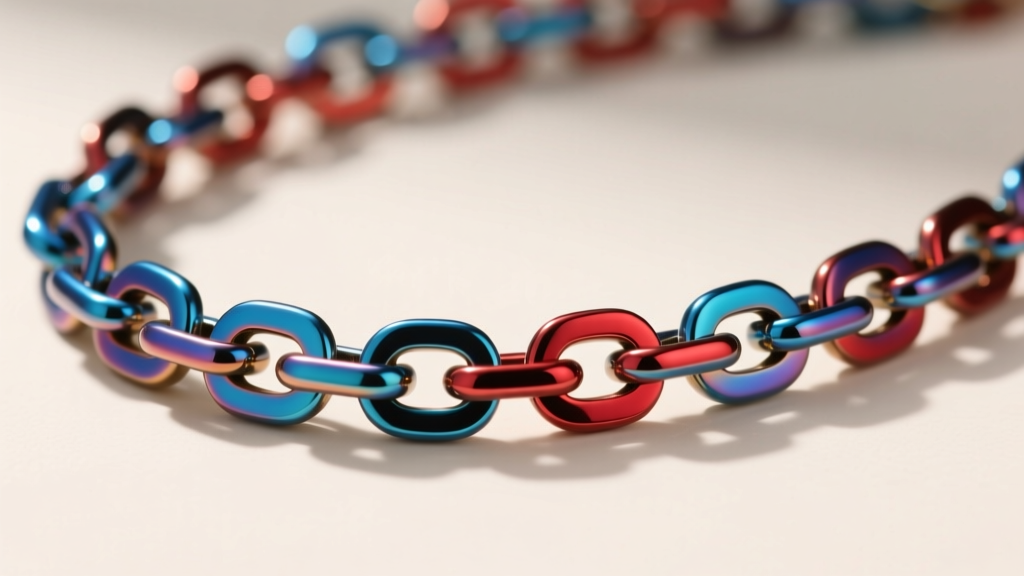 Macro photography of an anodized titanium chain necklace showing vibrant blue and red links, highlighting the oxide layer