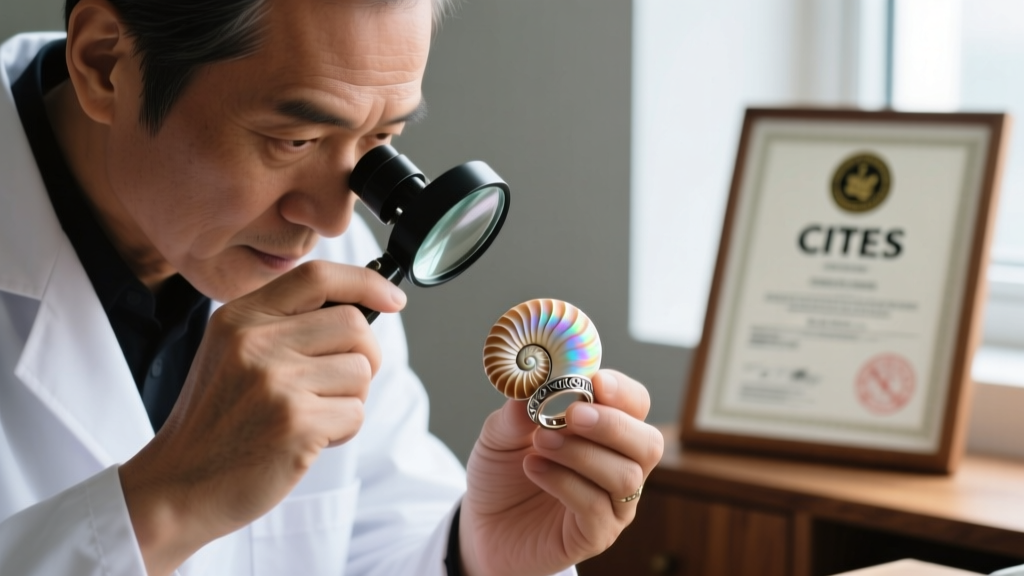 Jeweler examining a carved nautilus shell ring under a loupe, with a CITES certificate visible in the softly blurred background.