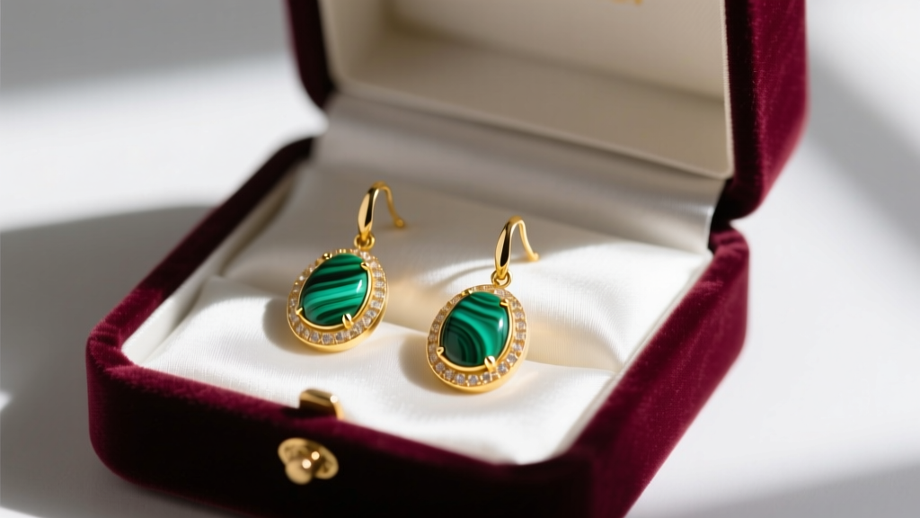 An open velvet gift box revealing a pair of 14k yellow gold bezel-set malachite drop earrings resting on white silk fabric