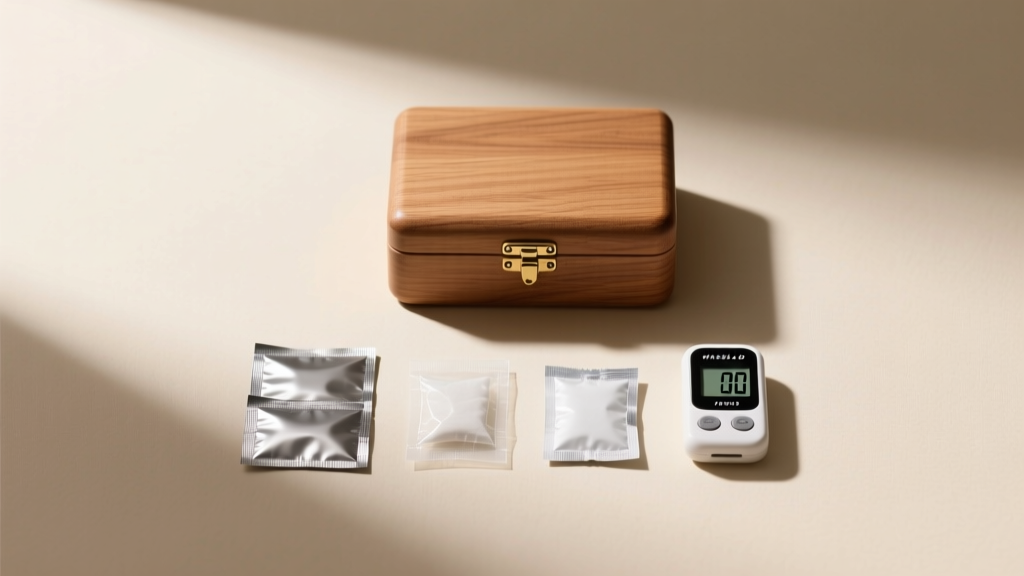 Flat lay of anti-tarnish strips, silica gel packets, and a digital hygrometer arranged neatly beside a closed wood jewelry box.