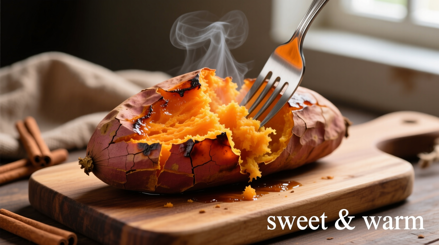 Perfectly baked sweet potato with fork showing fluffy interior