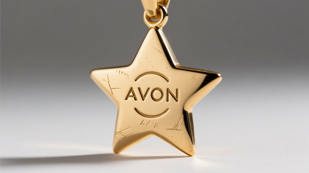 Macro close-up of an AVON hallmark stamped on a gold-tone star pendant back, showing slight patina and crisp engraving depth.
