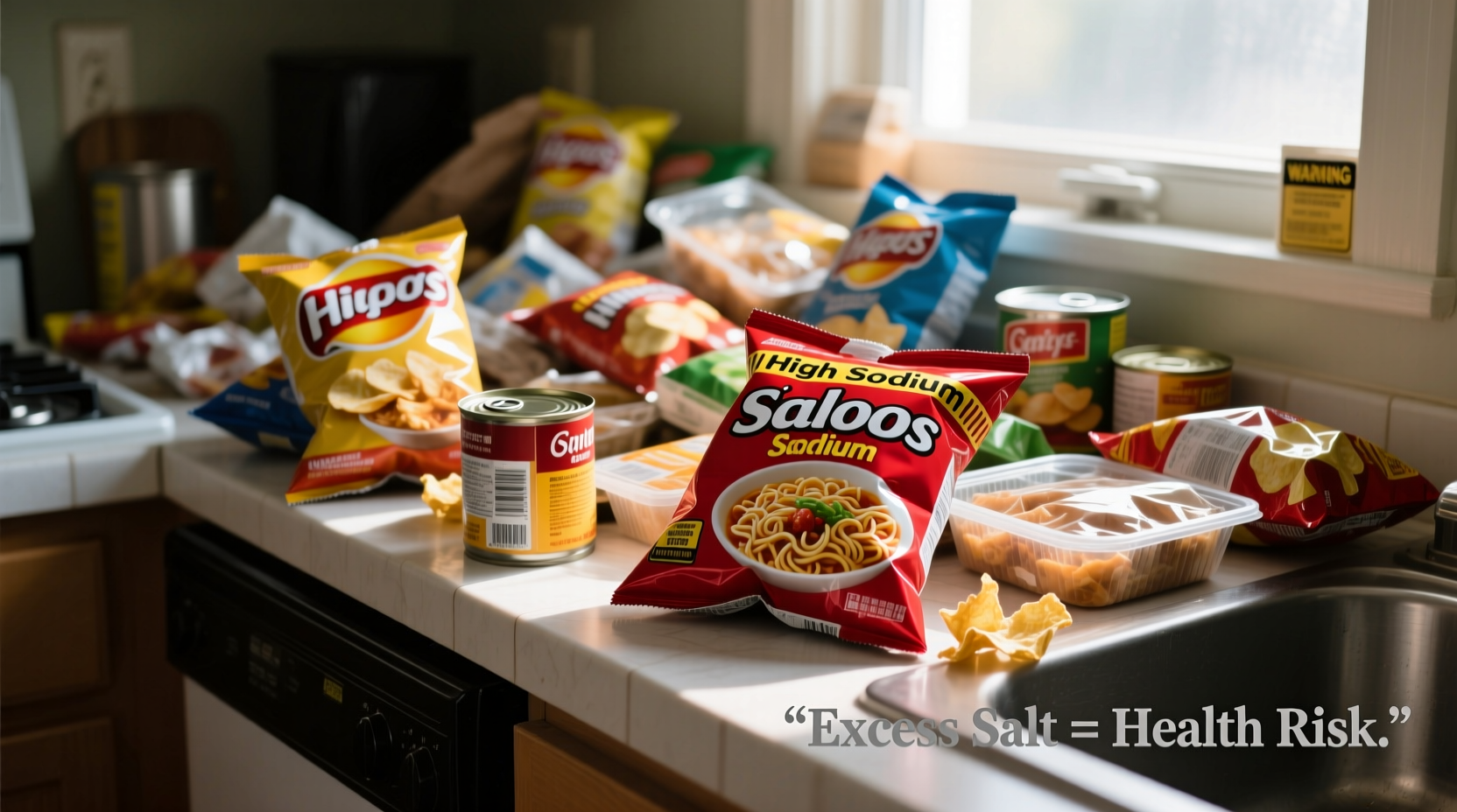 High-salt processed foods on kitchen counter