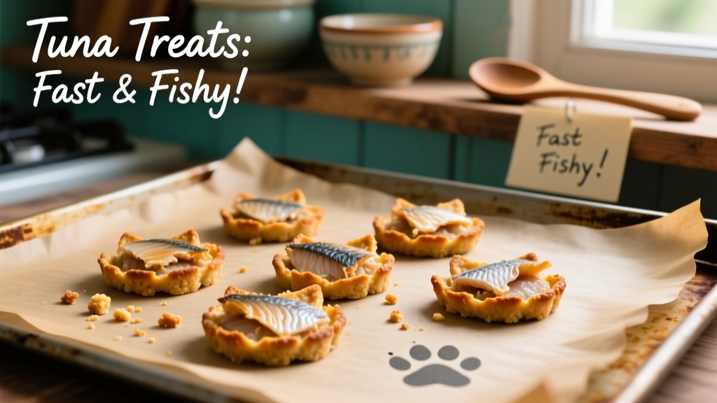 Close-up of fresh tuna-based cat treats arranged on a parchment-lined baking sheet