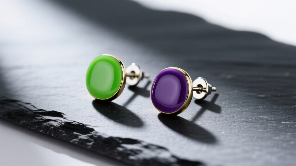 Flat lay of neon green and purple vitreous enamel stud earrings on dark slate, showcasing hypoallergenic titanium posts