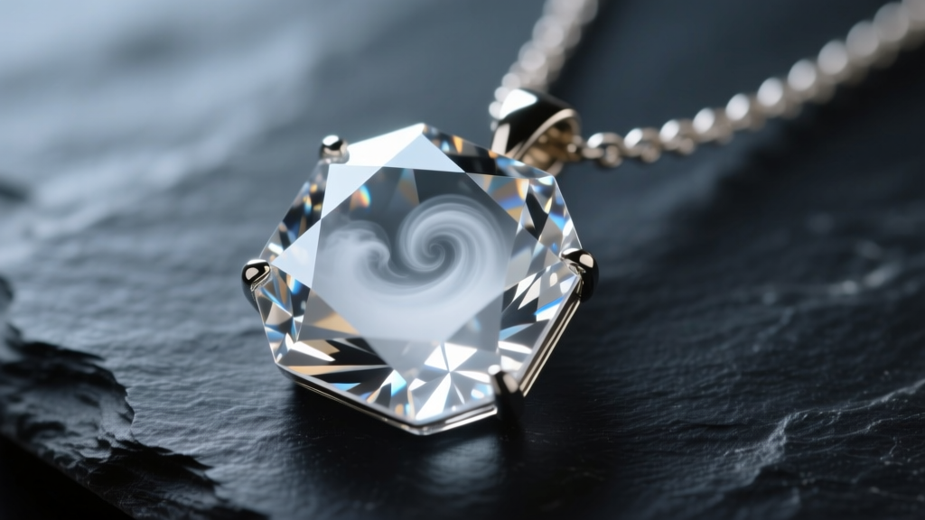 Macro shot of a cloudy cubic zirconia pendant necklace on dark slate, showing milky haze trapped inside the faceted stone.
