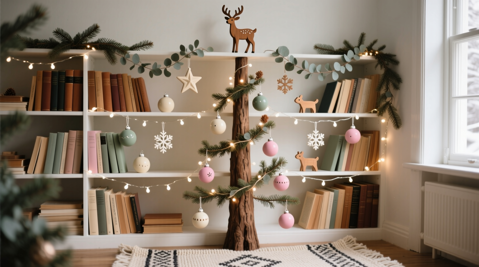 how to decorate a bookshelf like a vertical christmas tree alternative