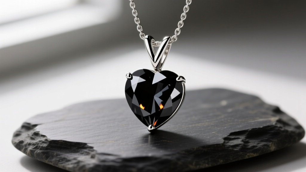 Macro shot of a 1.5-carat natural black heart diamond pendant in platinum with a V-prong at the cleft, resting on dark slate stone