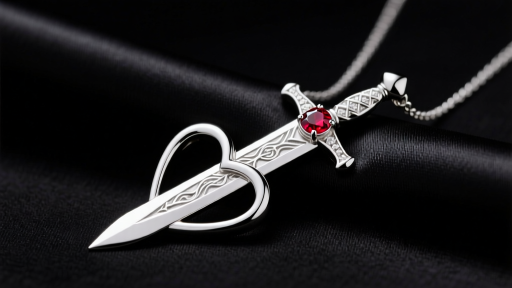 Sterling silver heart and sword necklace on black silk, studio lighting highlighting the engraved blade and ruby gem.