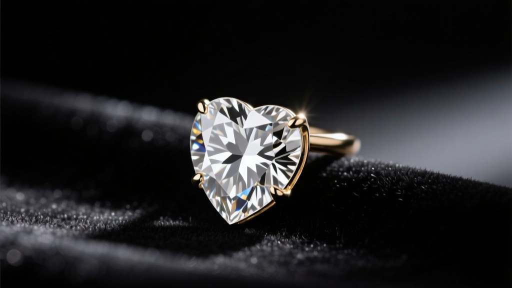 Close-up of a 14k white gold heart diamond pendant on dark velvet, soft studio lighting highlighting the brilliant cut facets.