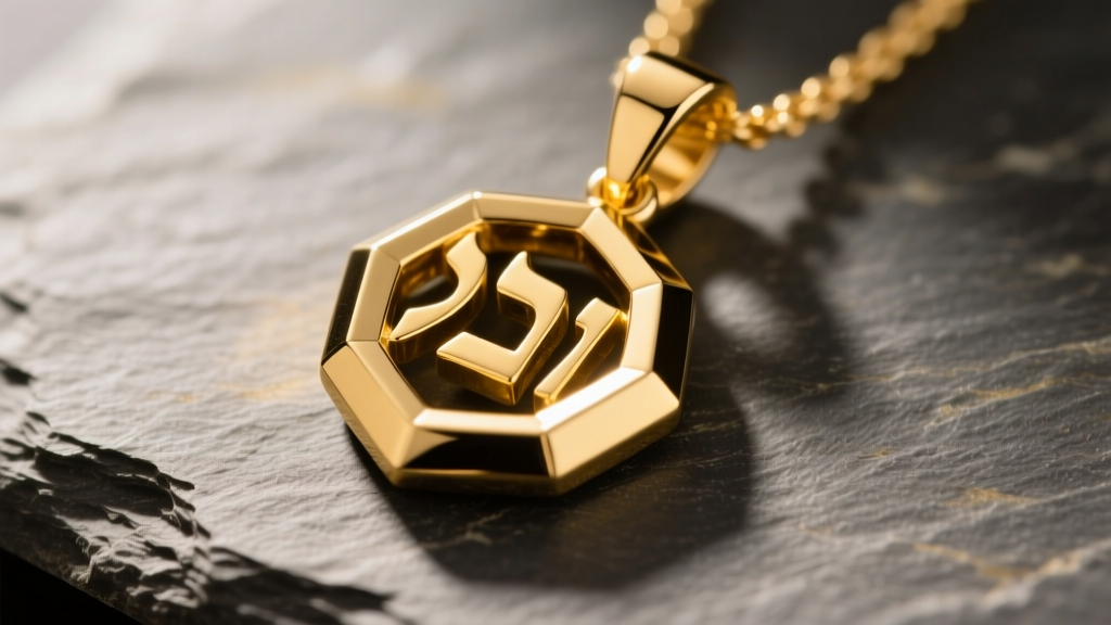 Macro shot of 14k yellow gold Hebrew Chai pendant on slate, highlighting sharp geometric intersections and polished metal bevels