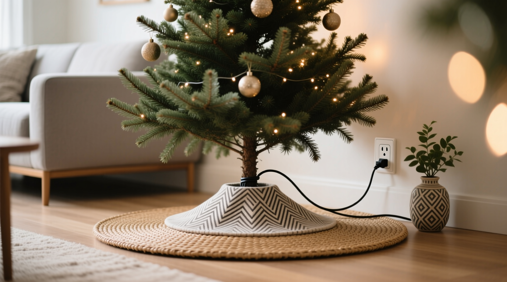 how to hide the base of your christmas tree without blocking outlets