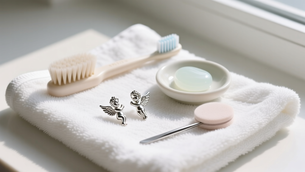 Flat lay of jewelry cleaning tools, a soft baby toothbrush, mild soap, and delicate silver cherub drop earrings on a white towel.