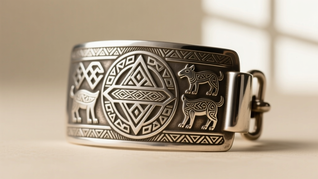 Extreme macro photograph of a vintage Native American silversmith hallmark stamped into the back of a heavy sterling silver clasp