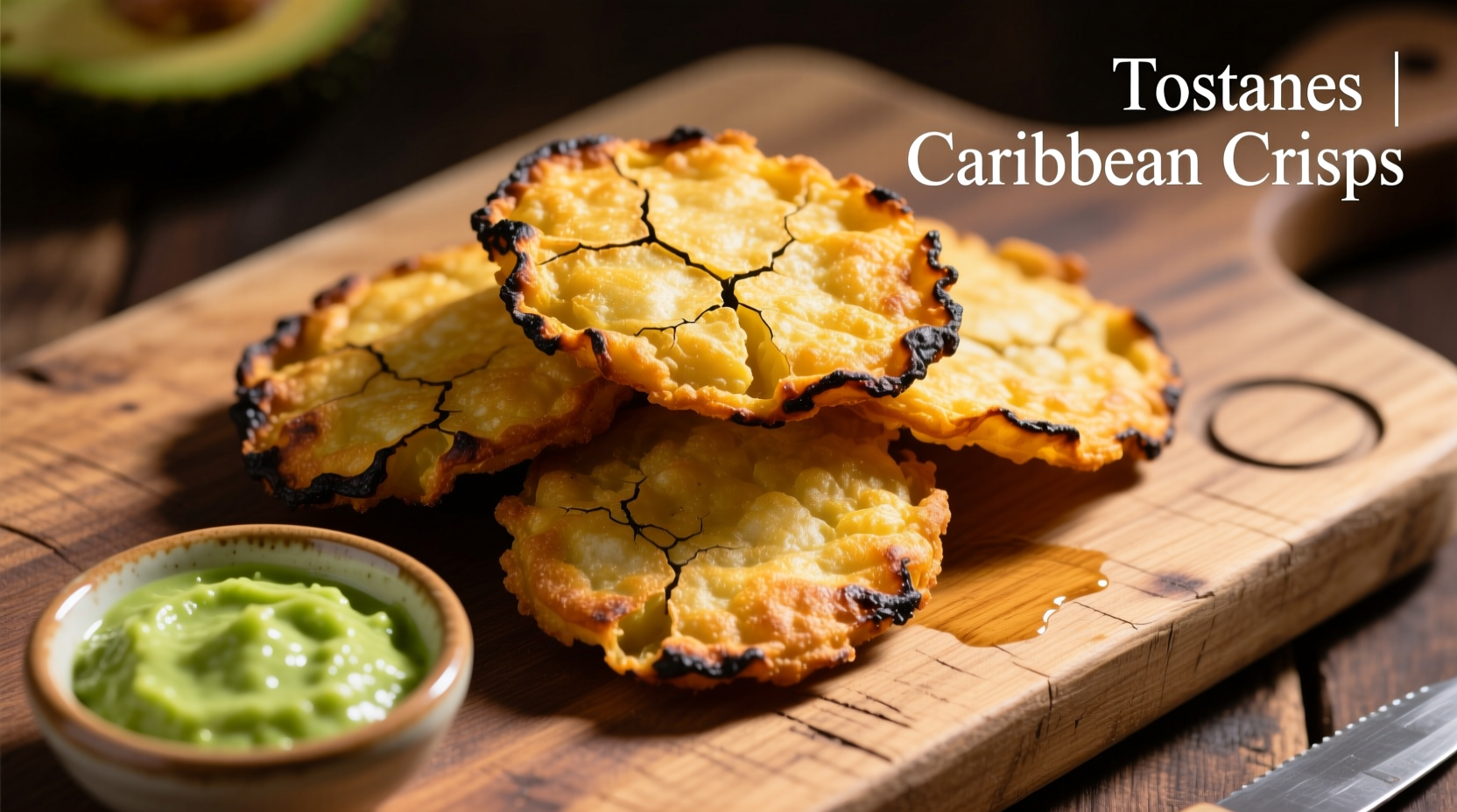 Golden crispy tostones on wooden board with dipping sauce