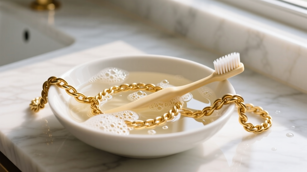 Soft baby toothbrush gently scrubbing a tangled 14k gold rope chain submerged in a bowl of warm soapy water on a marble counter