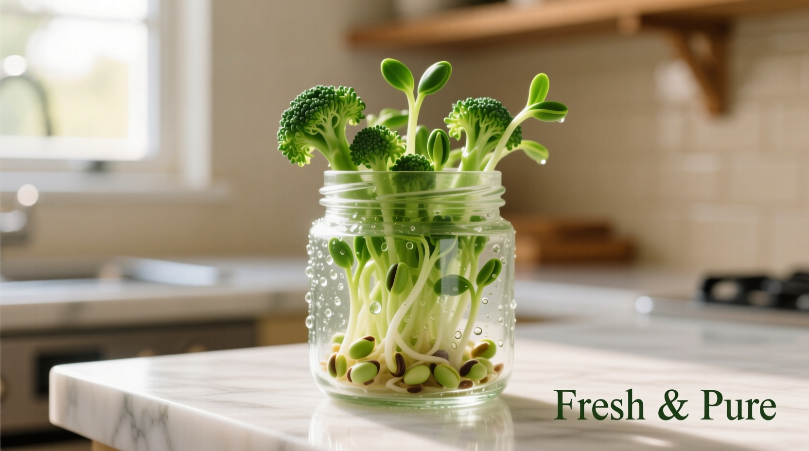 Fresh broccoli sprouts in a glass jar